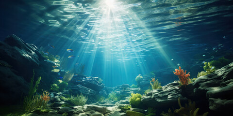 Fototapeta na wymiar Sunlight dances through the water in an underwater ocean scene