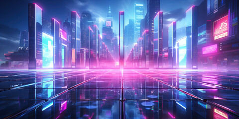 Glass panels reflecting neon lights, bringing a city stage to life