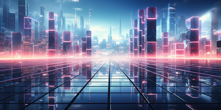 Glass panels reflecting neon lights, bringing a city stage to life