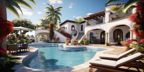 Fototapeta na wymiar Lavish villa's backyard oasis complete with a pool and sundeck