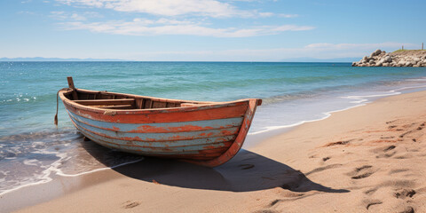 Fototapeta na wymiar Rustic wooden boat gently bobbing on the waters near a sandy beach