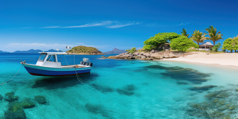 Obraz premium Picturesque island scene with boats dotting the surrounding ocean