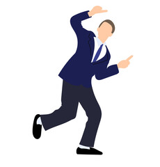 両手で横を指さすスーツ姿の中高年男性