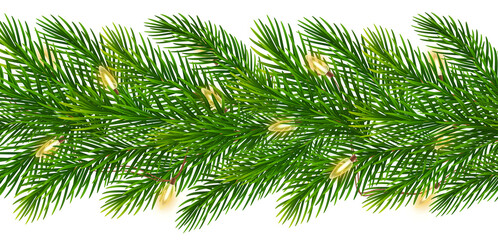 Christmas frame of realistic green spruce branches with glowing garland