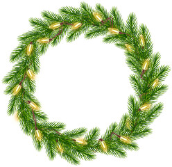 Christmas wreath of realistic green spruce branches with glowing garland