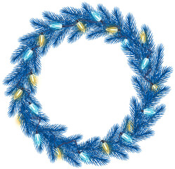 Christmas wreath of realistic blue spruce branches with glowing garland