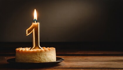 Candle on a cake alone - 1st anniversary - obrazy, fototapety, plakaty