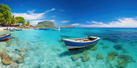 Fototapeta na wymiar Picturesque island scene with boats dotting the surrounding ocean