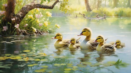 Zoom in on a charming group of ducklings following their mother in a serene pond bordered by delicate weeping willow branches.