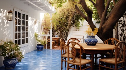 Fototapeta na wymiar Courtyard with a few chairs a little blue UHD wallpaper