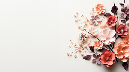 Paper flowers on white background. Flat lay, top view, copy space. Space for text.