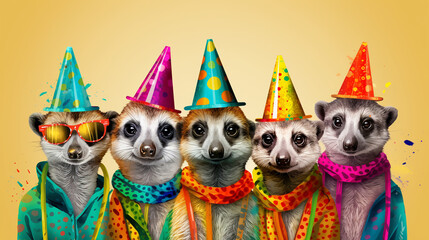 a whimsical journey with a creative animal concept featuring meerkats in a group, adorned in vibrant and bright fashionable outfits. Picture them standing together, isolated on a solid background