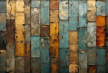 Weathered and Colorful Wooden Plank Wall Close-Up