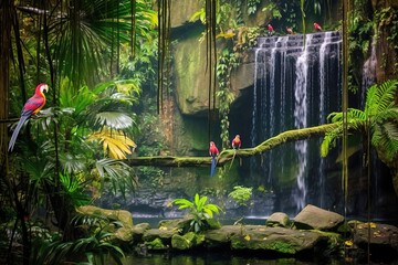 Macaw parrot, ara parrot, perched birds and animals, rainforest and jungle habitat - obrazy, fototapety, plakaty