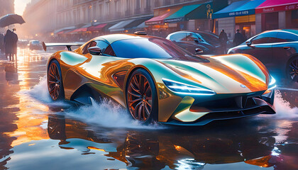 Modern car in bright light and splashes of water, beautiful graphic illustration, pop art, - obrazy, fototapety, plakaty