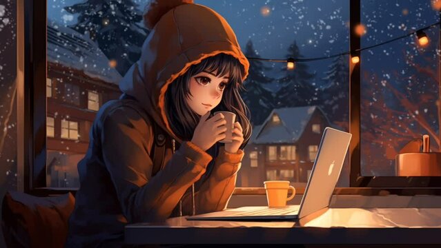 Anime girl playing laptop on a table by the window with a view of snowfall during winter. Loop Animation Video For Lofi Music or background music. Generated with AI
