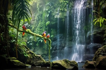 Shot of tropical birds parrot near a jungle waterfall