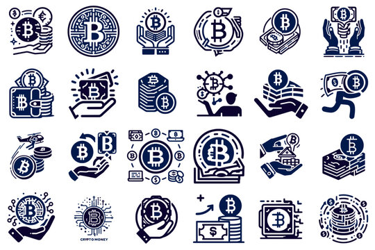The World of Crypto: Bitcoin, Blockchain, set of editable stroke Icons