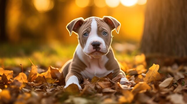 A Cute American Pitbull puppy playing in the backyard with yellow autumn leaves at sunset. The background of the photo is a relaxing environment in the backyard.