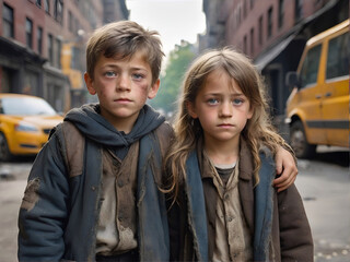 Dos niños hermanos pobres en la calle  vestido con ropa vieja