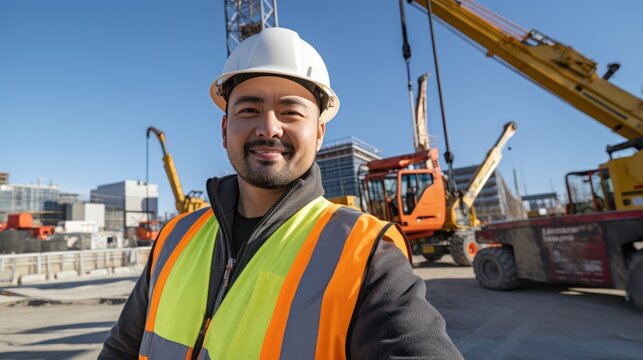 A Civil engineer takes a selfie standing near a construction site with a tower crane in the background.