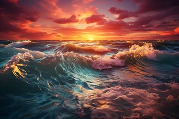 Fotobehang fresh and pure breathtaking fusion of open ocean and sunset, embodying rich palette of colors, tranquil waves, and timeless allure of maritime world at this enchanting hour © Kapin