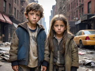 Dos niños pobres en la calle  vestido con ropa vieja - obrazy, fototapety, plakaty
