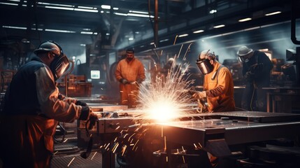 A Heavy industrial engineering factory interior with industrial workers wearing protective clothing using angle grinders and cutting metal pipes.