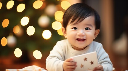 Asian baby sitting smiling in front of Christmas tree On the back is a Christmas tree with blank cards and decorative lights attached to the tree.