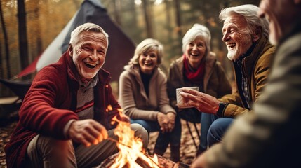 Obraz premium A Candid capture of joyful senior citizens enjoying companionship at a social club. Collect friendships and fun during camping adventures in misty forests and lakes.