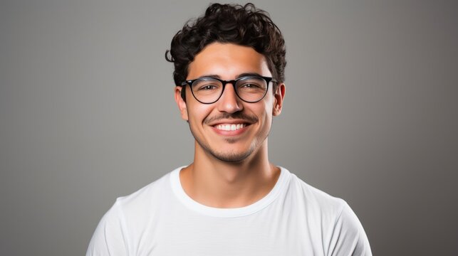 Attractive young Mexican man wearing a white t-shirt and glasses. Isolated on white background.