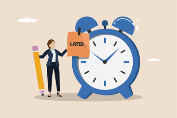 Later, postponing work or delaying deadlines, meeting schedule reminders, business people writing the word LATER on paper attached to the alarm clock.