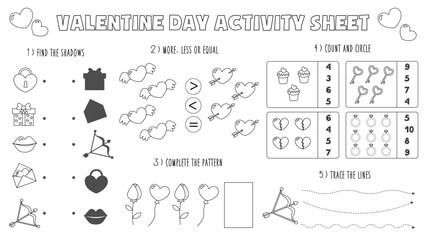 Vector Valentine day place mat for kids. Winter activity sheet. Black and white Valentine day worksheet.