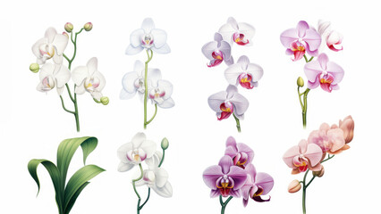 Fototapeta na wymiar Orchid flower set Tropical plants, orchid floral watercolor illustration, botanical painting, greeting card frame border flowers, orchids, and leaves for wedding stationery, background, postcard, etc