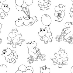 Seamless vector pattern with cute little line hippo. Outline illustrations. Funny cartoon baby hippopotamus by bike, with balloon and ice cream on white background