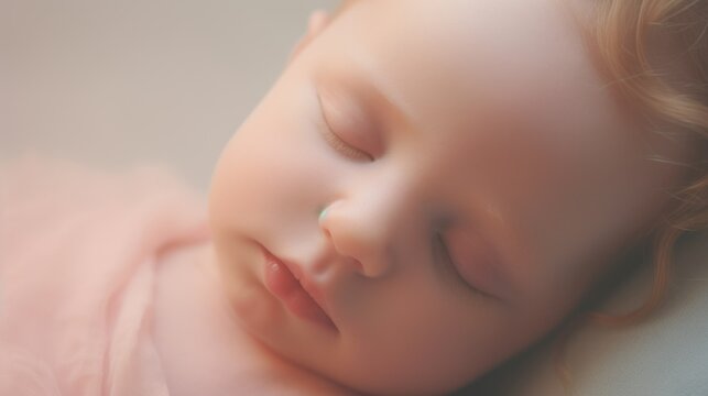Close-up candid portrait photo of a newborn baby sleeping peacefully, soft pastel tones