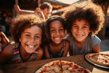 Joyful Childhood: Three Kids Sharing Pizza Outdoors
