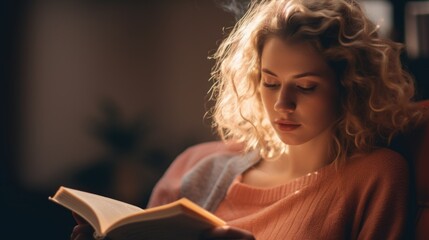 Close-up candid portrait photo of a young woman reading a book