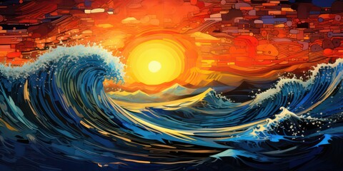 Artwork inspired by Vincent van Gogh's style, seeking to visualize the wave-particle duality concept. It features a color scheme dominated by dark blue and orange.