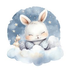 Cute baby teddy rabbit sleeping on the cloud painted Illustration, Generative Ai