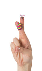 Fototapeta premium Digital png illustration of hand with bunny holding egg on fingers on transparent background