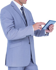 Digital png photo of caucasian businessman using tablet on transparent background