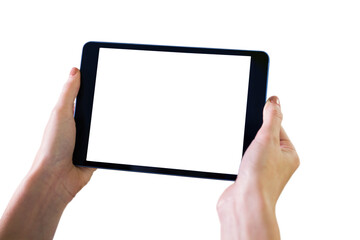 Digital png photo of hands holding tablet with copy space on transparent background
