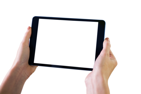 Digital png photo of hands holding tablet with copy space on transparent background
