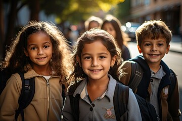 Joyful Schoolchildren with Backpacks on a Sunny Day - obrazy, fototapety, plakaty