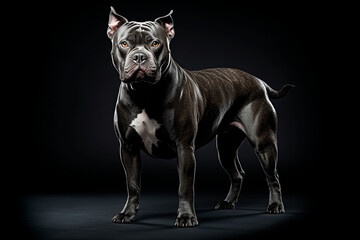 American Bully dog standing on a black background. Animal left-side portrait.