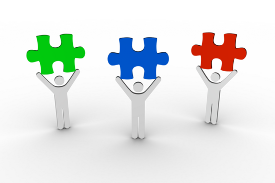 Digital png illustration of figures holding puzzle pieces on transparent background