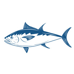 Outline tuna logo blue monochrome color, isolated on white background. Fish symbol. sport fishing club