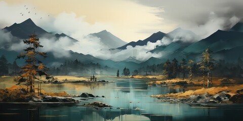 This abstract landscape primarily revolves around a color palette dominated by rich, dark green and golden hues.