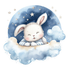 Cute baby teddy rabbit sleeping on the cloud painted Illustration, Generative Ai